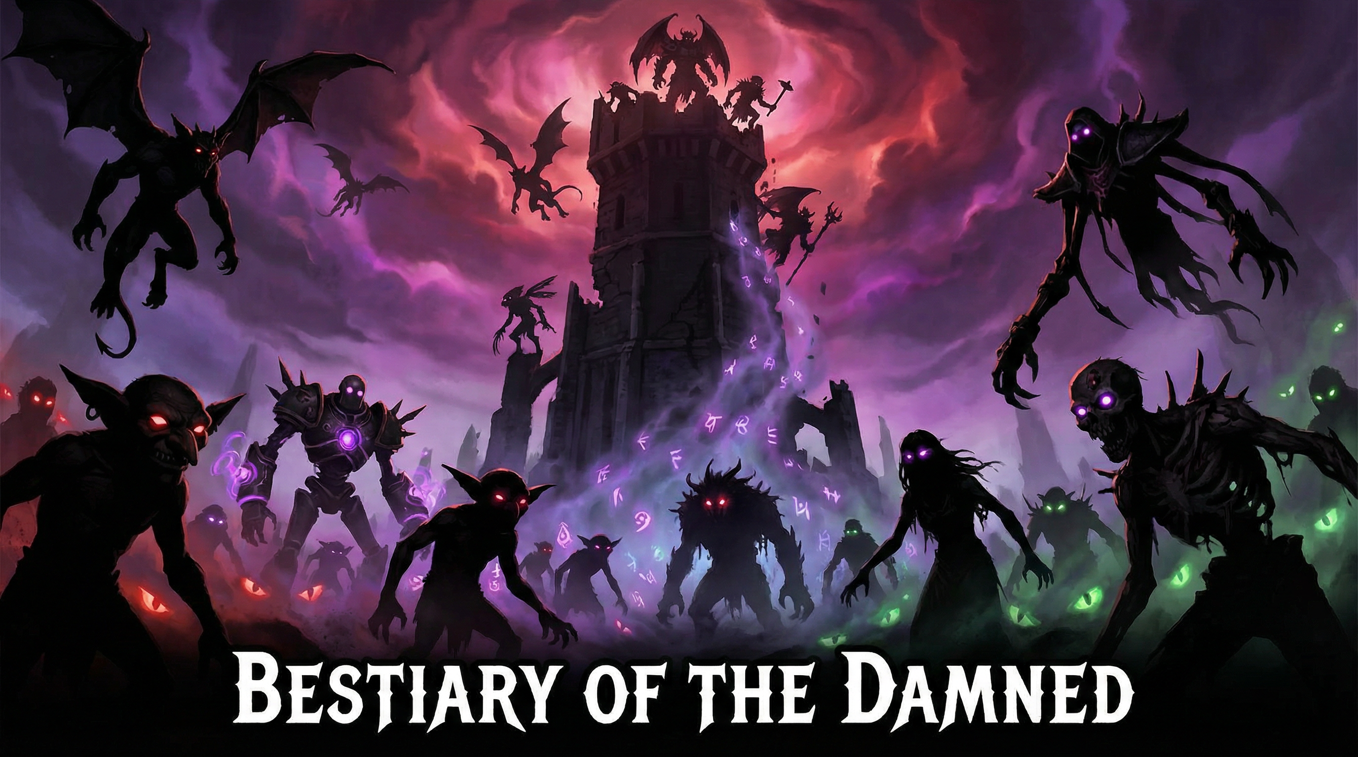 A dramatic header image for an enemy bestiary, showing silhouettes of various fantasy creatures.