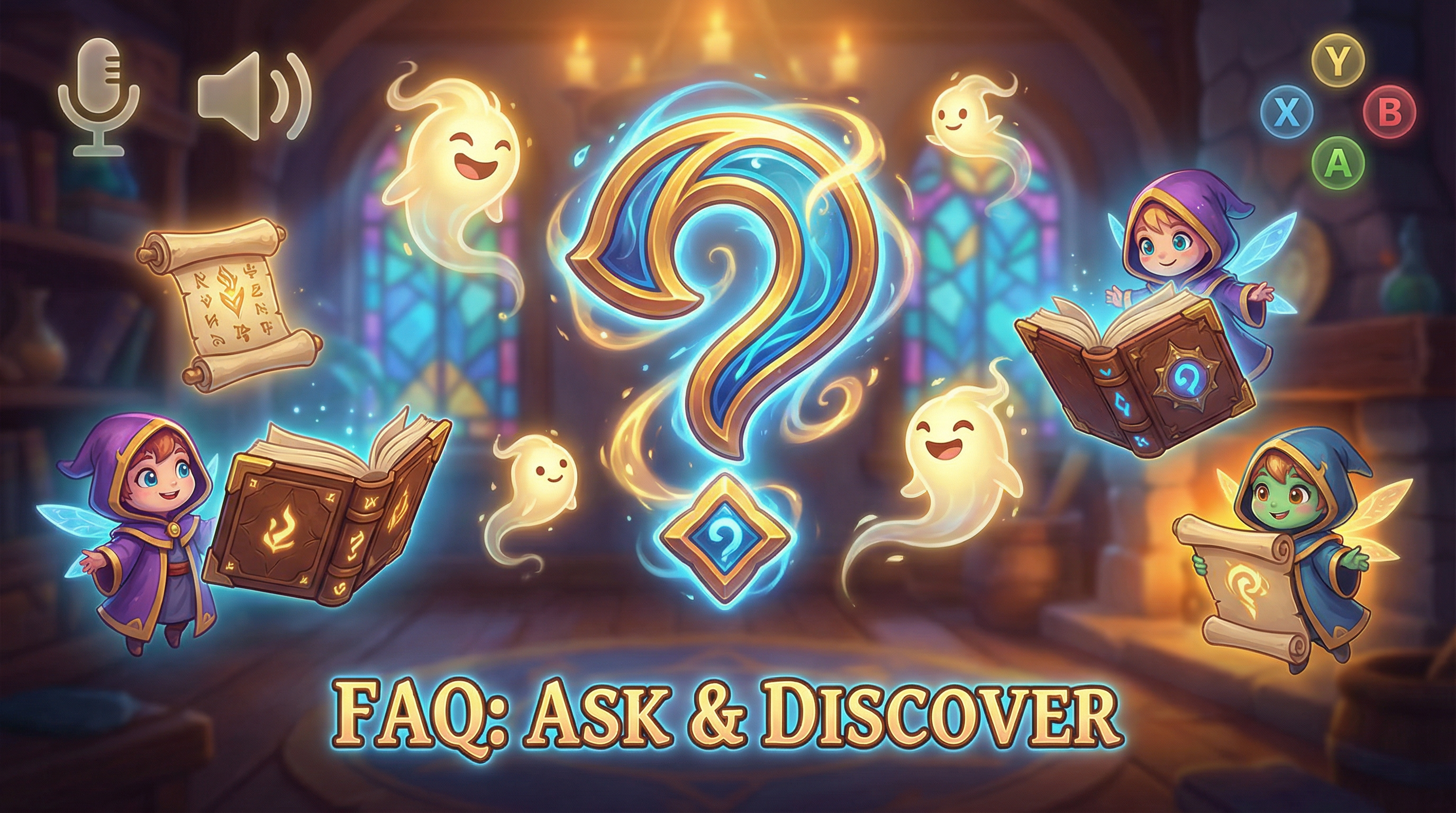 A friendly and helpful banner image for the FAQ section, featuring a glowing question mark and magical sprites.