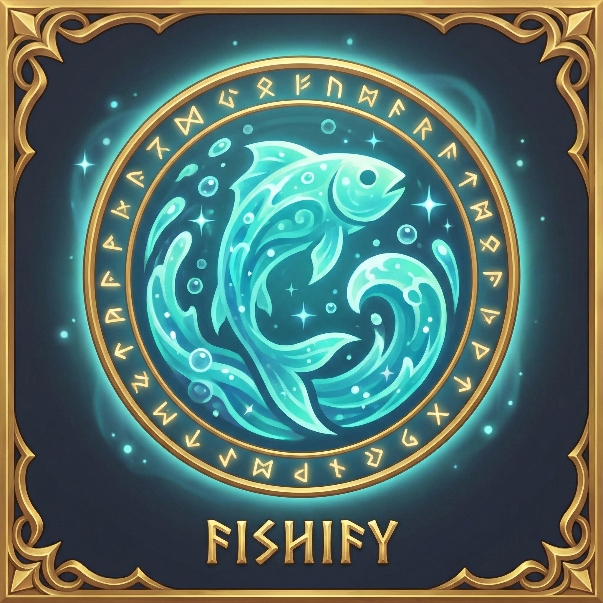 A magical spell icon for the Fishify spell, showing a fish in a circular emblem.