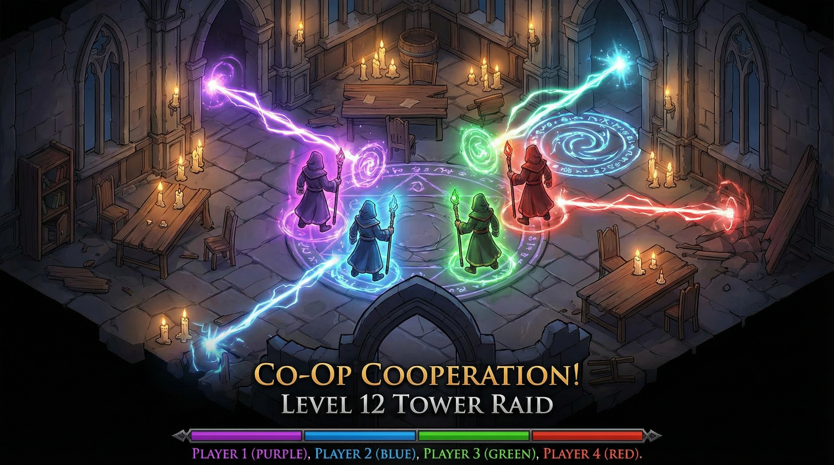 An action scene showing multiple wizard players cooperating in a magical tower