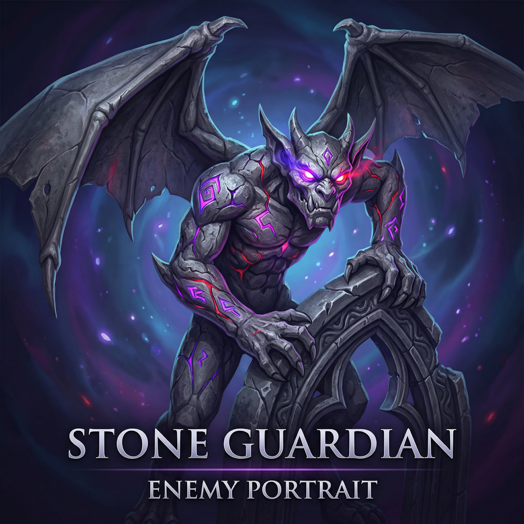 A detailed portrait of a menacing stone gargoyle enemy.