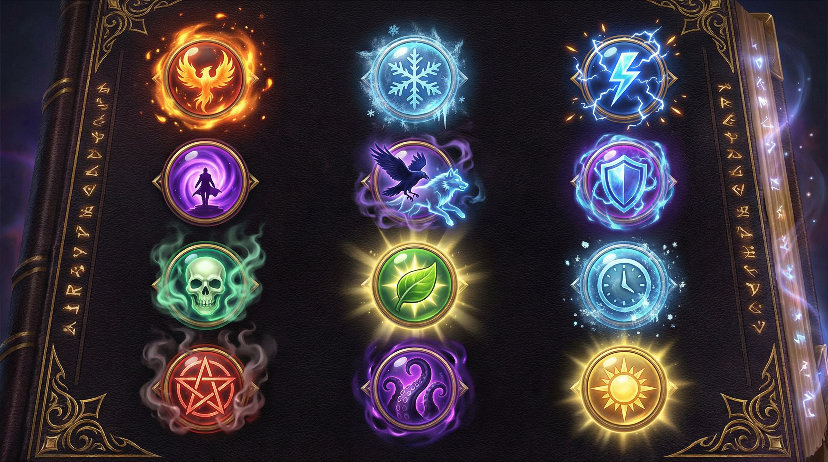 A header image for a spell database featuring multiple magical spell icons arranged in a grid.
