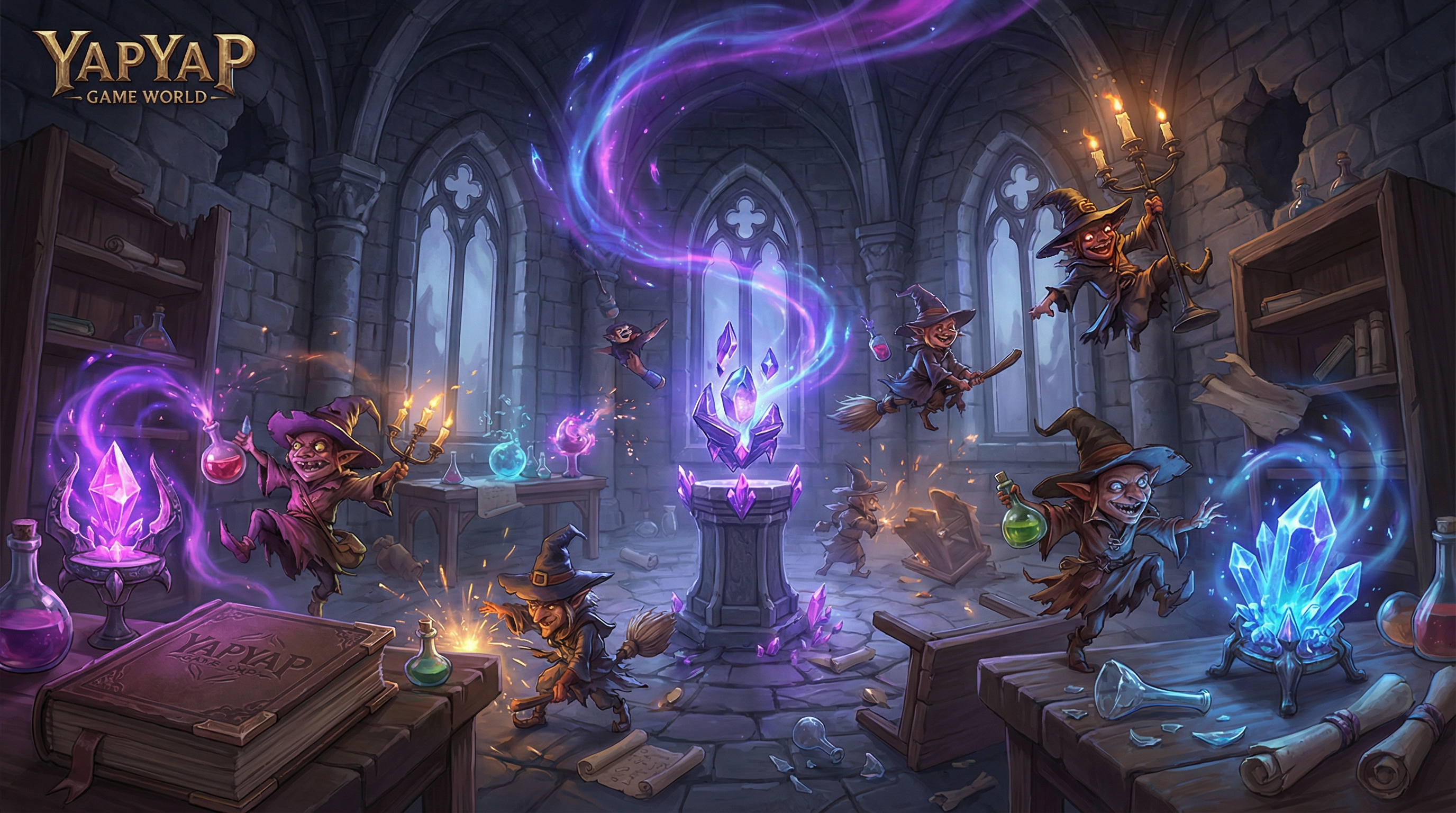 A vibrant and atmospheric illustration of the YAPYAP game world